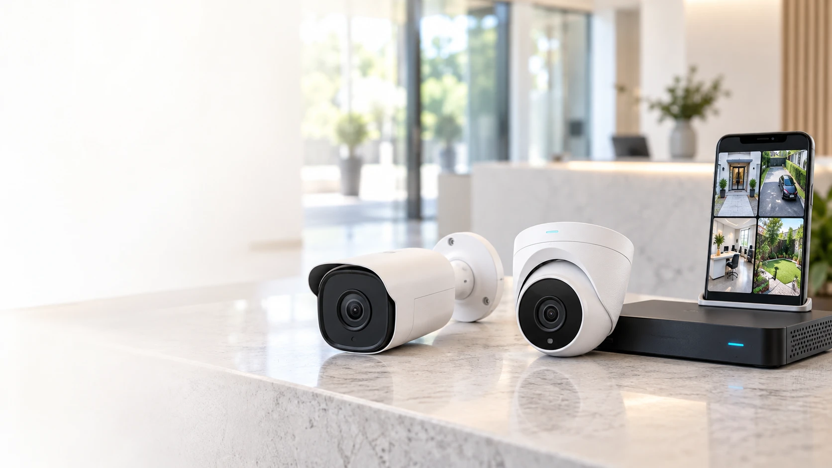 Bullet and dome security cameras with a recorder and a phone showing several camera views